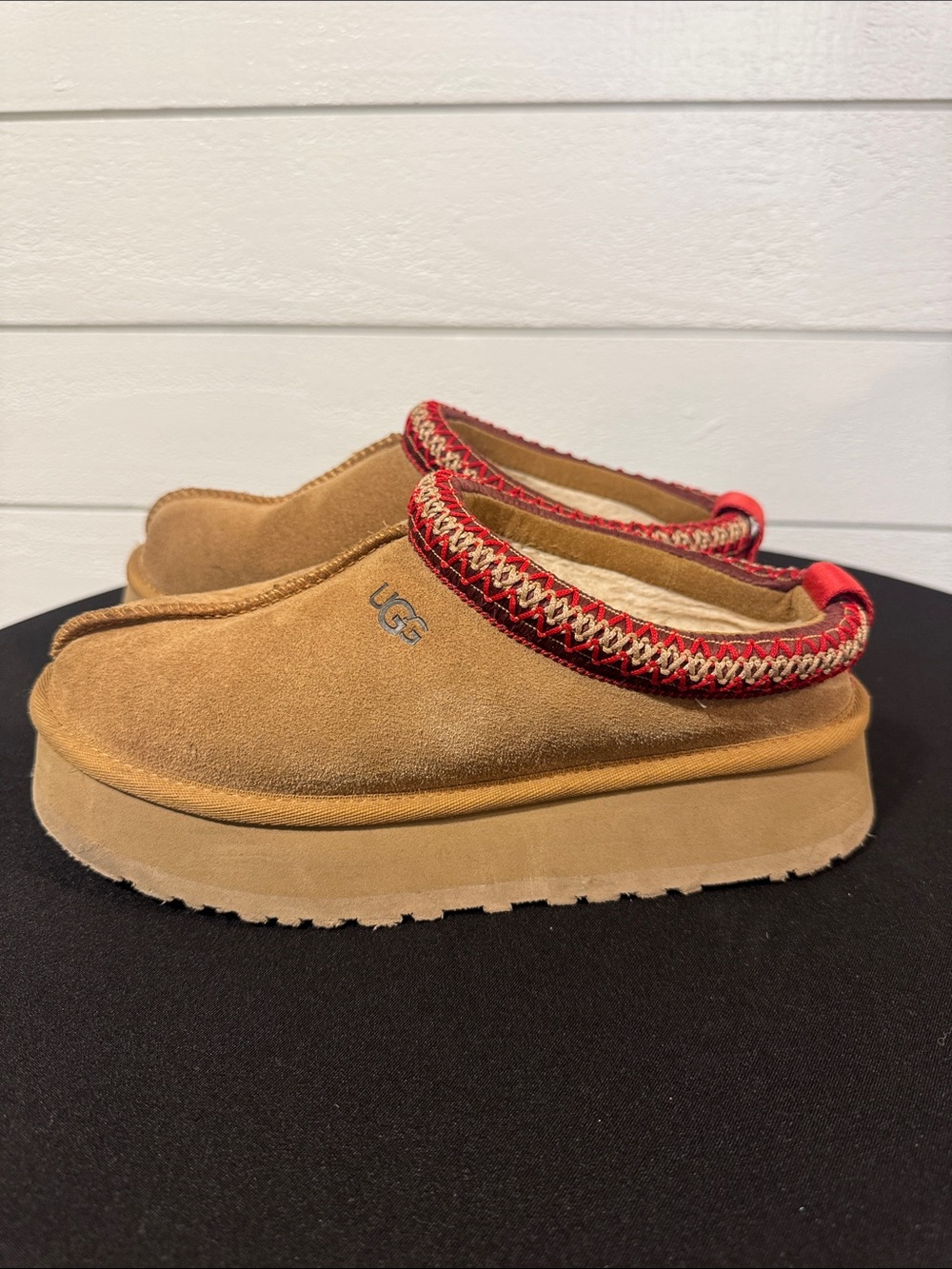UGG Chestnut Suede Slip-On Platform Clog with Red Braided Trim- 7